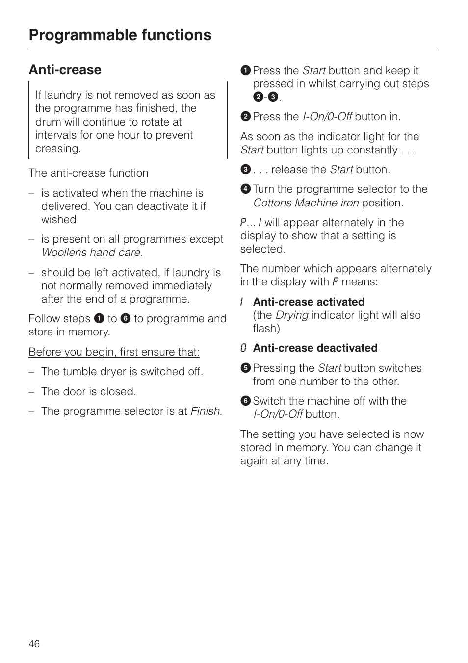 Anti-crease 46, Programmable functions, Anti-crease | Miele T 4462 C User Manual | Page 46 / 52