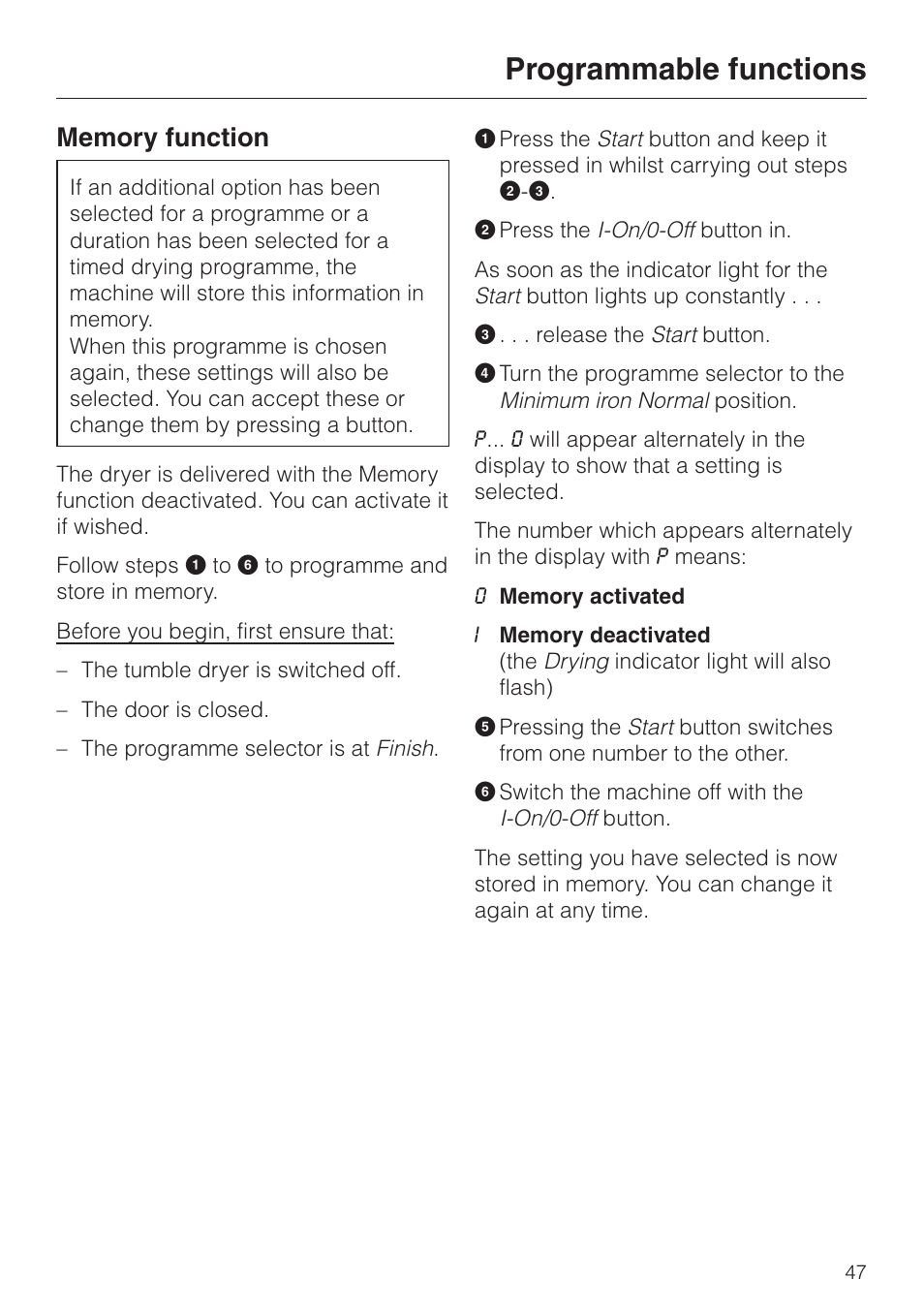 Memory function 47, Programmable functions | Miele T 4462 C User Manual | Page 47 / 52