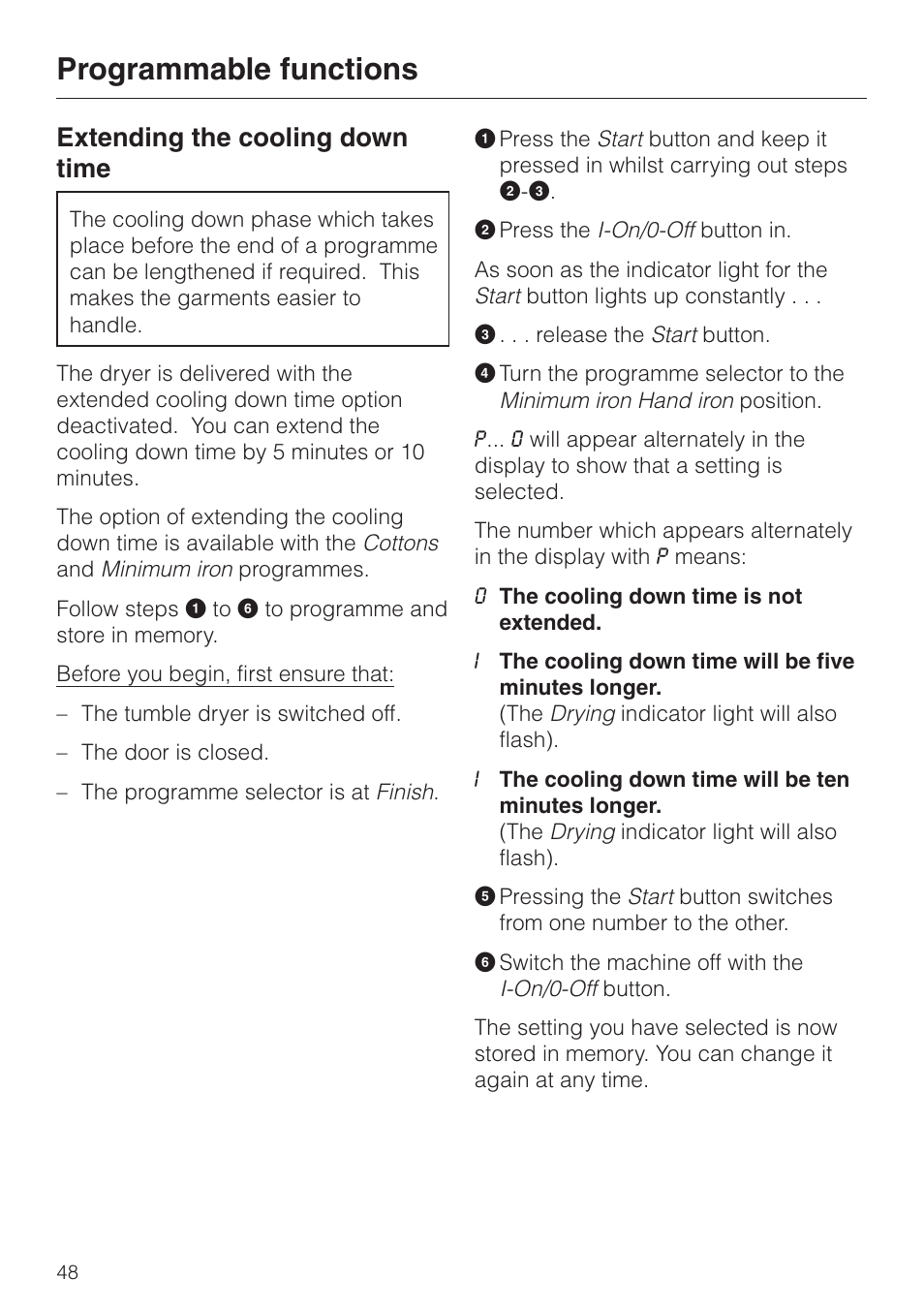 Extending the cooling down time 48, Programmable functions, Extending the cooling down time | Miele T 4462 C User Manual | Page 48 / 52