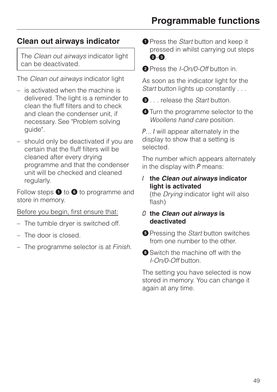 Clean out airways indicator 49, Programmable functions, Clean out airways indicator | Miele T 4462 C User Manual | Page 49 / 52