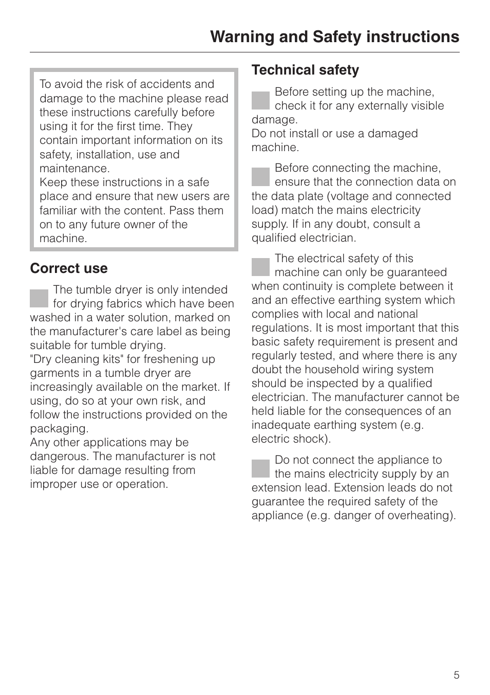 Warning and safety instructions 5, Warning and safety instructions, Correct use | Technical safety | Miele T 4462 C User Manual | Page 5 / 52