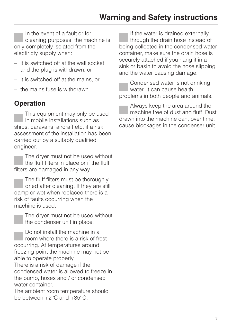 Warning and safety instructions, Operation | Miele T 4462 C User Manual | Page 7 / 52