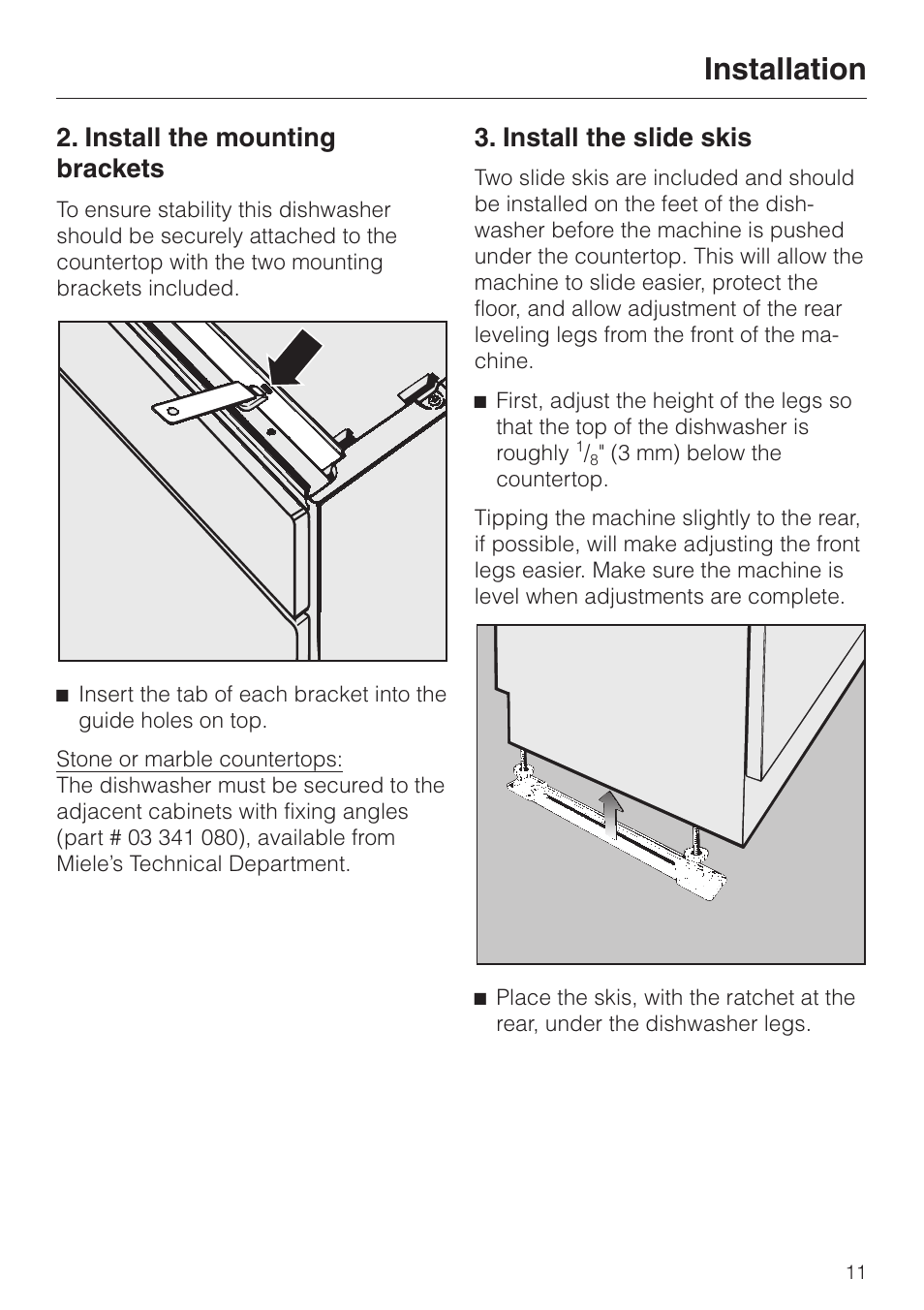 Install the mounting brackets 11, Install the slide skis 11, Installation | Install the mounting brackets, Install the slide skis | Miele HG01 User Manual | Page 11 / 36
