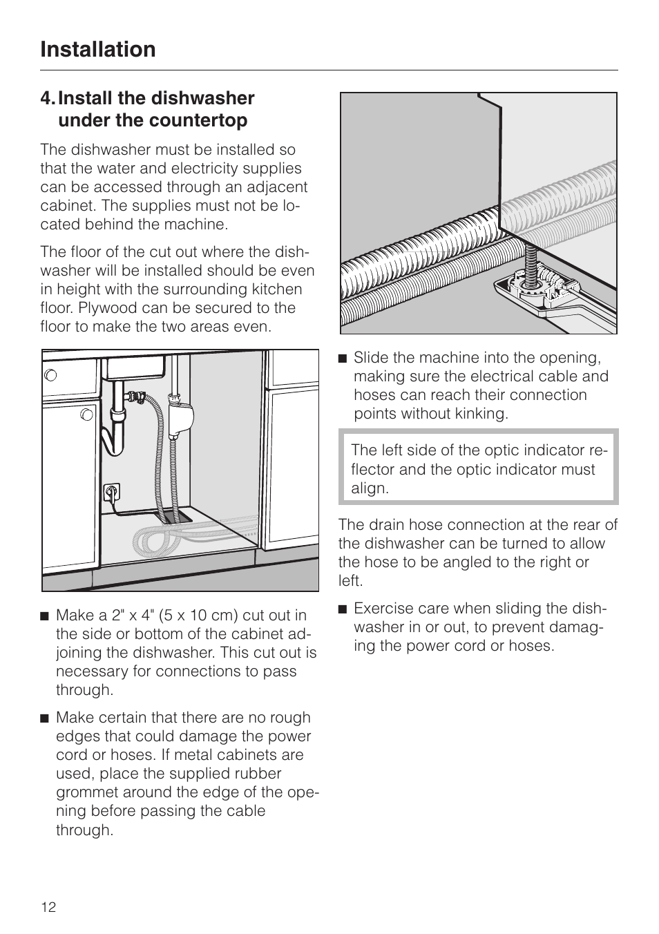 Install the dishwasher un der the countertop 12, Install the dishwasher under the countertop, Installation | Miele HG01 User Manual | Page 12 / 36