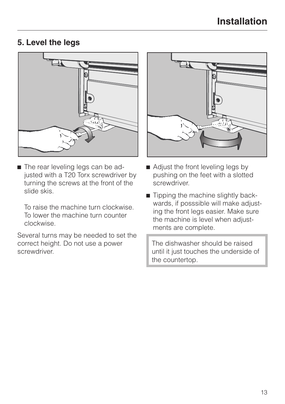 Level the legs 13, Level the legs, Installation | Miele HG01 User Manual | Page 13 / 36