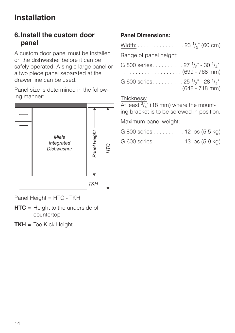 Install the custom door panel 14, Install the custom door panel, Installation | Miele HG01 User Manual | Page 14 / 36