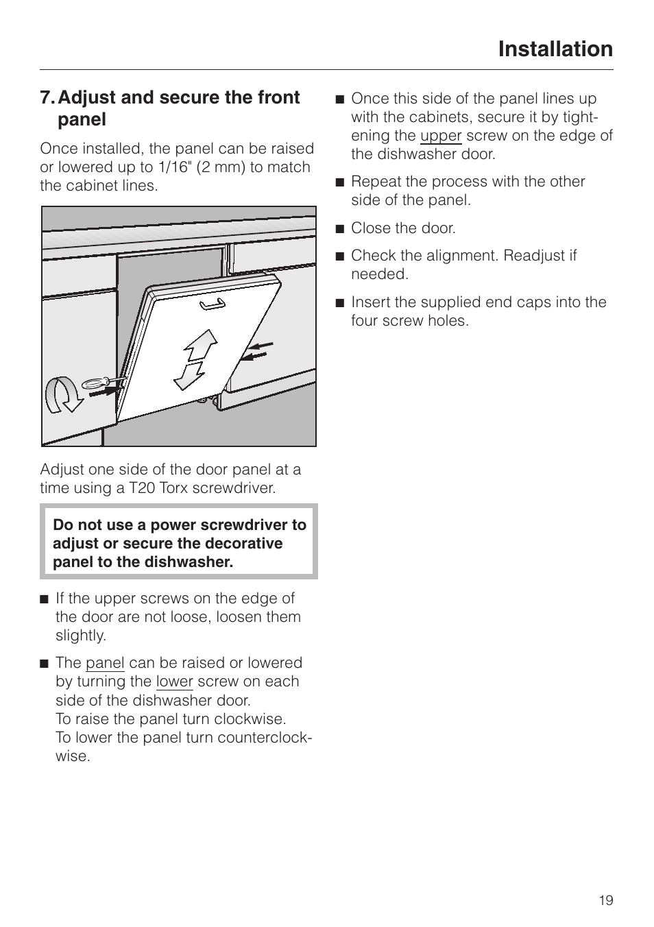 Adjust and secure the front panel 19, Adjust and secure the front panel, Installation | Miele HG01 User Manual | Page 19 / 36