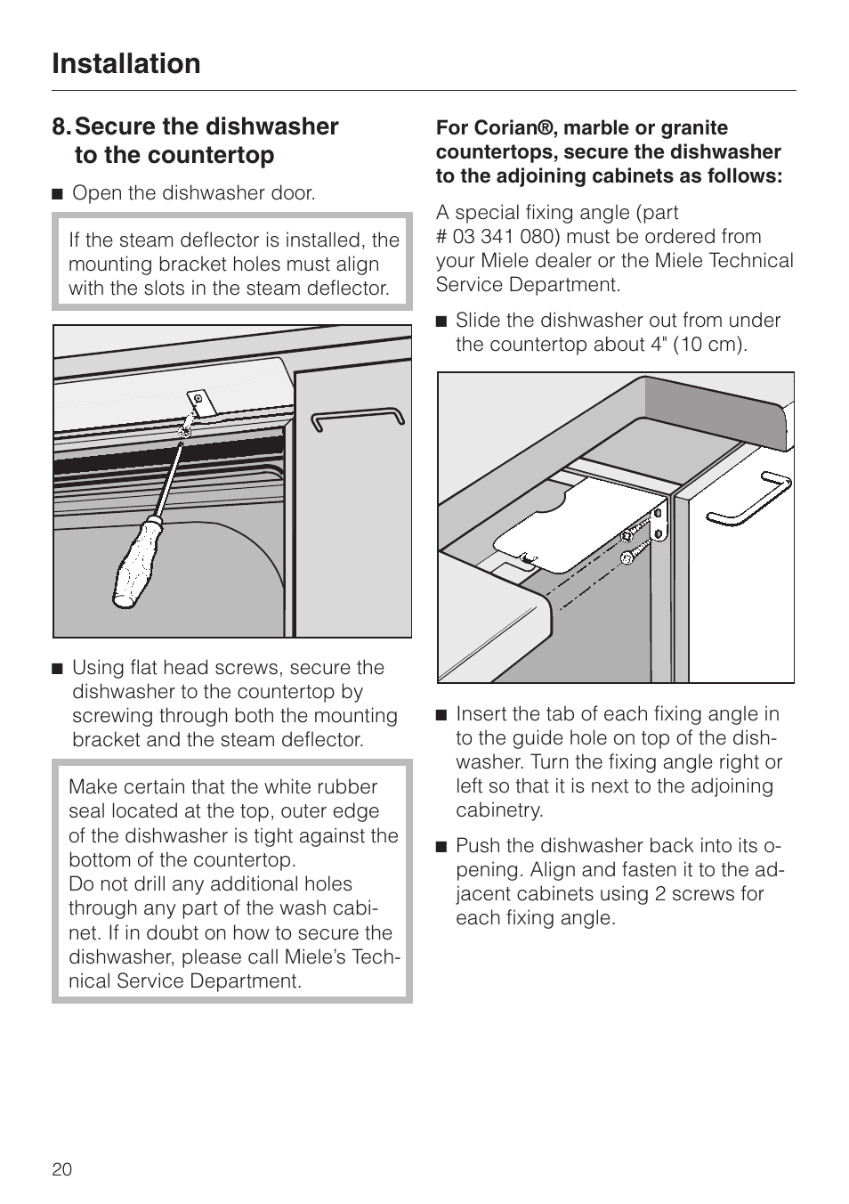 Secure the dishwasher to the countertop 20, Secure the dishwasher to the countertop, Installation | Miele HG01 User Manual | Page 20 / 36