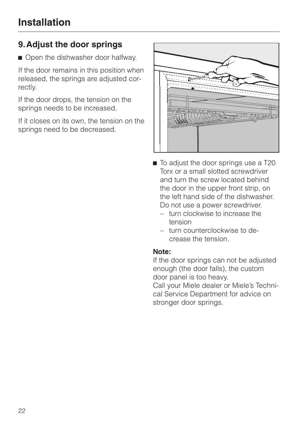 Adjust the door springs 22, Adjust the door springs, Installation | Miele HG01 User Manual | Page 22 / 36