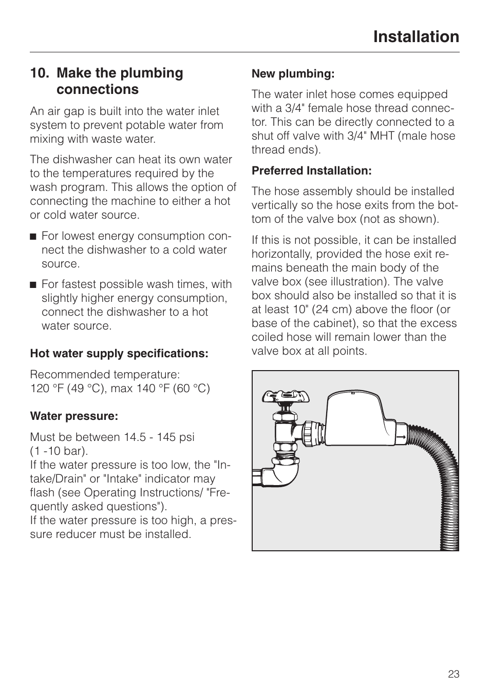 Make the plumbing connections 23, Make the plumbing connections, Installation | Miele HG01 User Manual | Page 23 / 36