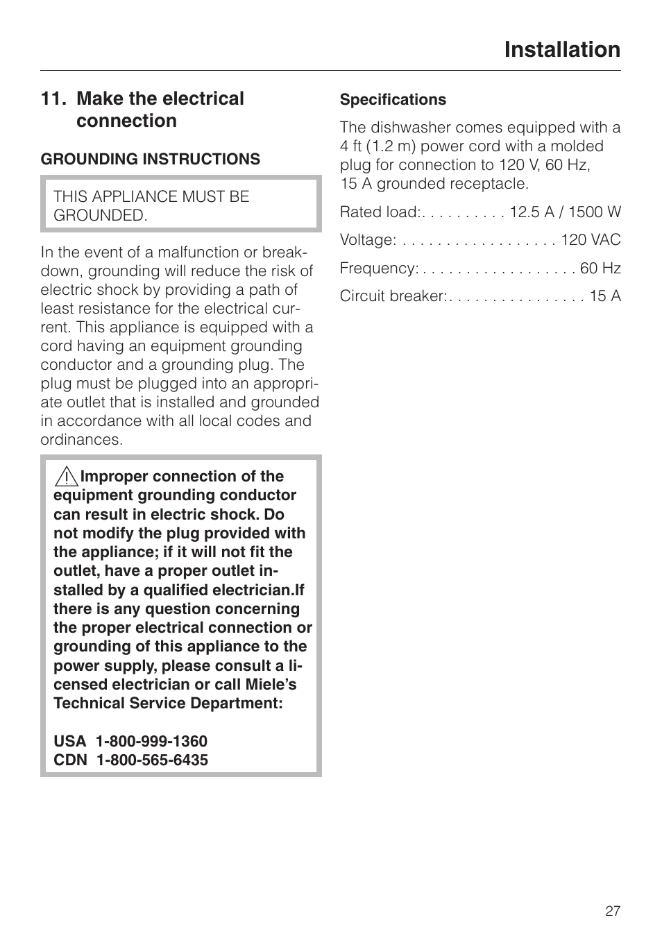 Make the electrical connection 27, Make the electrical connection, Installation | Miele HG01 User Manual | Page 27 / 36