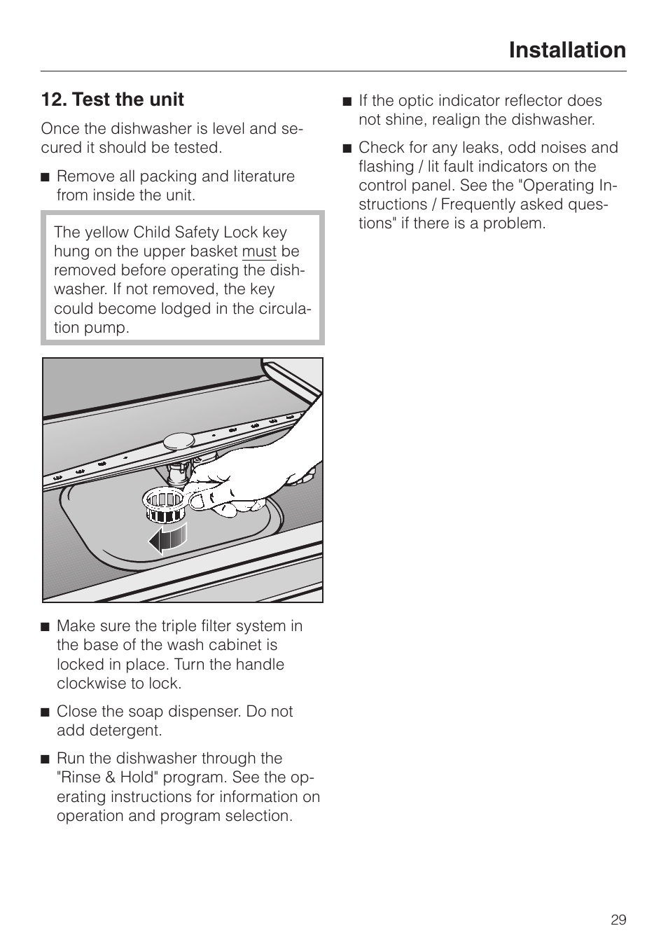 Test the unit 29, Test the unit, Installation | Miele HG01 User Manual | Page 29 / 36