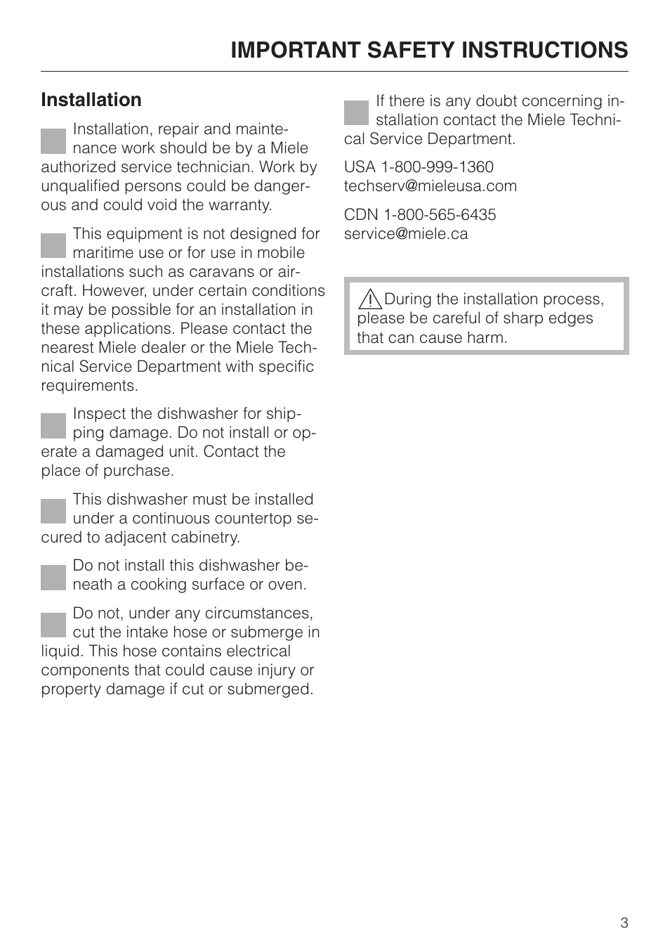 Important safety instructions 3, Important safety instructions, Installation | Miele HG01 User Manual | Page 3 / 36