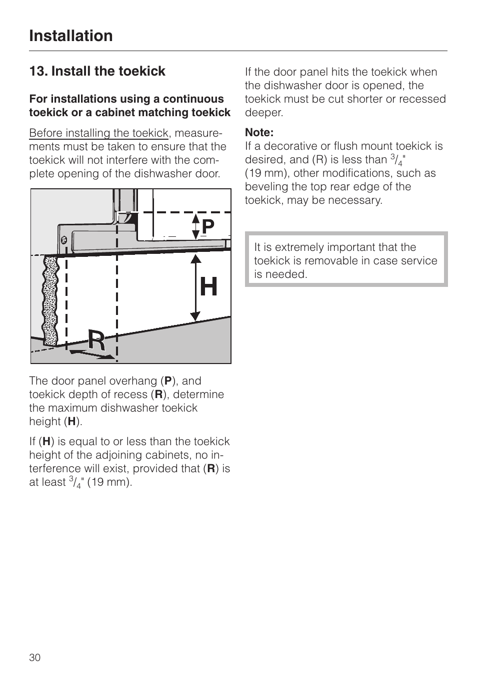 Install the toekick 30, Install the toekick, Installation | Miele HG01 User Manual | Page 30 / 36