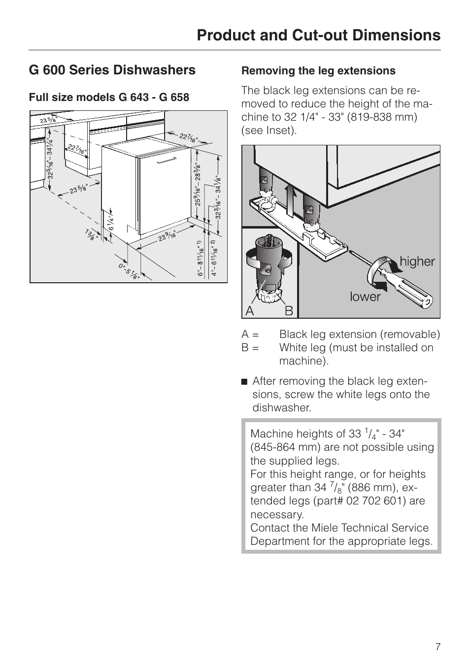 Product and cut-out dimensions 7, Product and cut-out dimensions, G 600 series dishwashers | Miele HG01 User Manual | Page 7 / 36