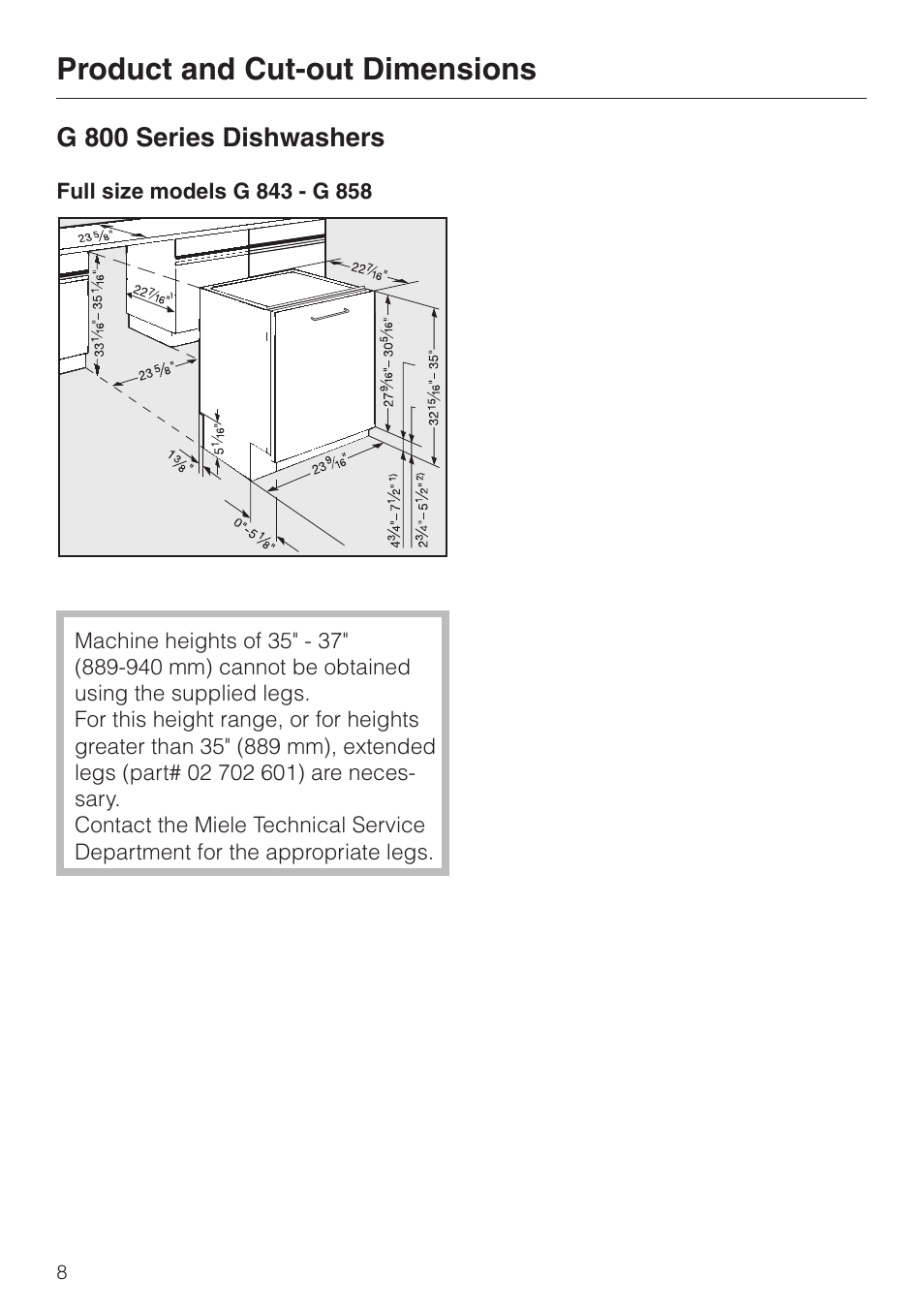 Product and cut-out dimensions | Miele HG01 User Manual | Page 8 / 36