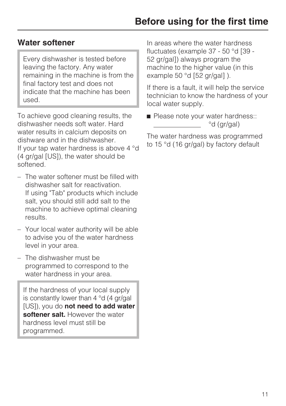 Water softener 11, Before using for the first time, Water softener | Miele G 1202 User Manual | Page 11 / 60