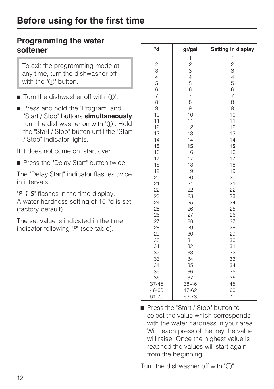 Programming the water softener 12, Before using for the first time, Programming the water softener | Miele G 1202 User Manual | Page 12 / 60