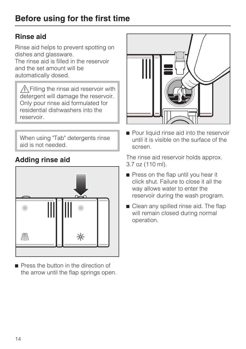 Rinse aid 14, Adding rinse aid 14, Before using for the first time | Rinse aid, Adding rinse aid | Miele G 1202 User Manual | Page 14 / 60