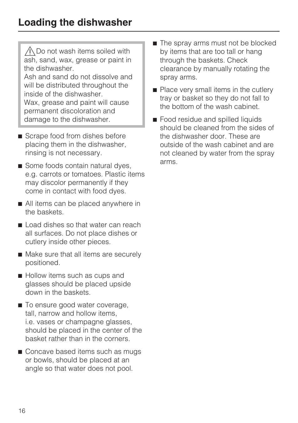 Loading the dishwasher 16, Loading the dishwasher | Miele G 1202 User Manual | Page 16 / 60