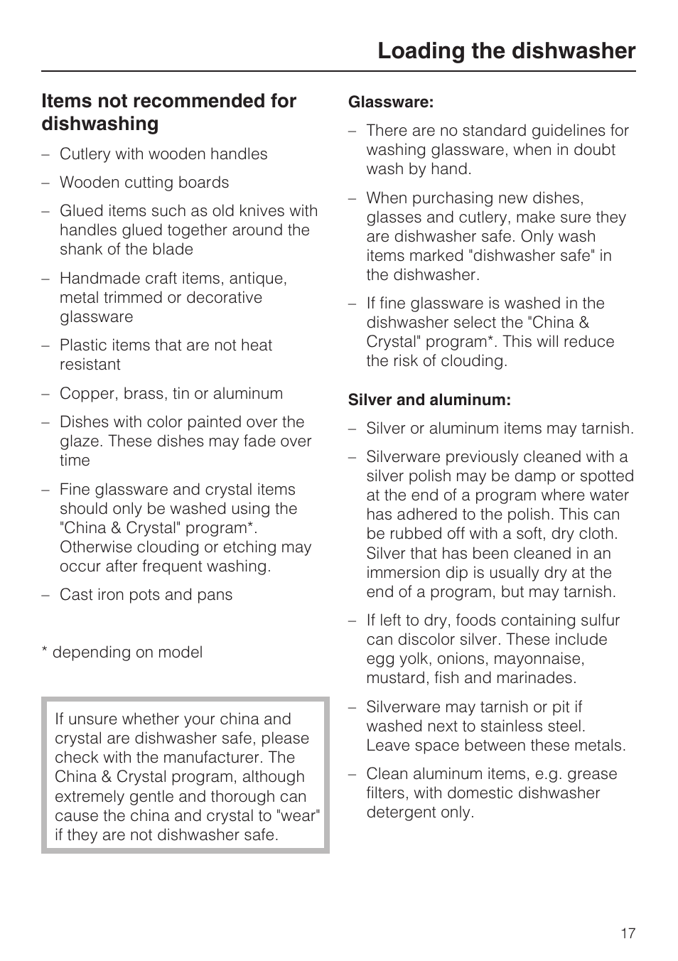 Items not recommended for dishwashing 17, Loading the dishwasher, Items not recommended for dishwashing | Miele G 1202 User Manual | Page 17 / 60