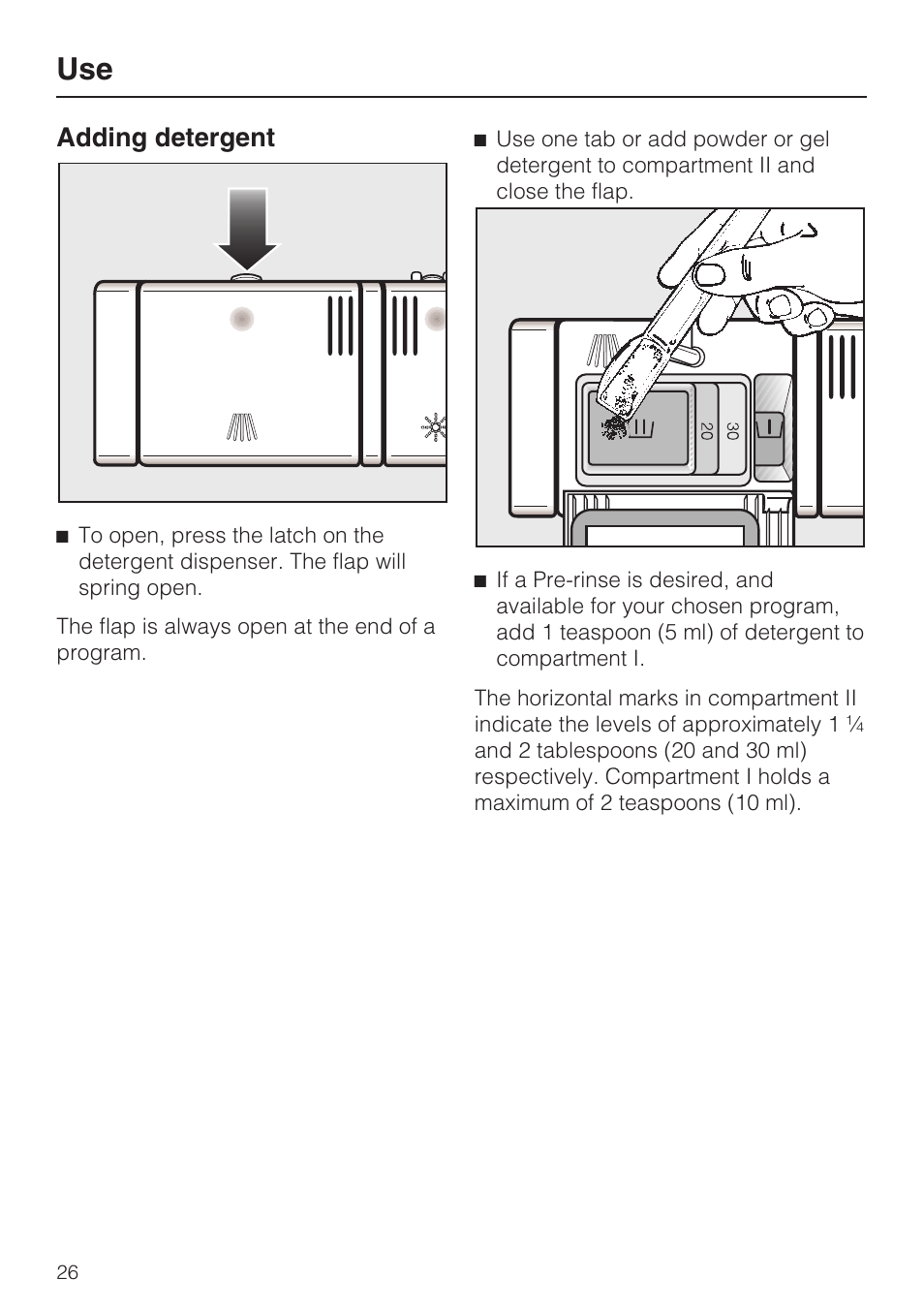 Adding detergent 26, Adding detergent | Miele G 1202 User Manual | Page 26 / 60