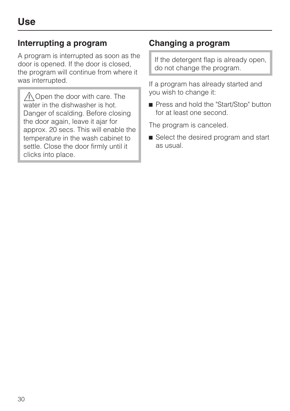 Interrupting a program 30, Changing a program 30 | Miele G 1202 User Manual | Page 30 / 60