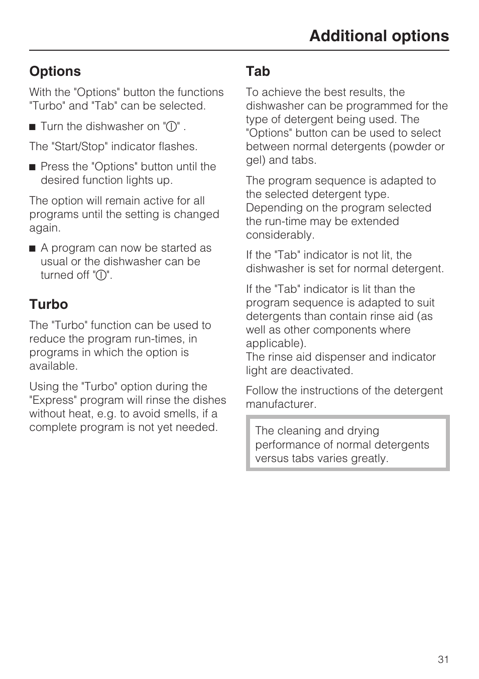 Additional options 31, Turbo 31, Tab 31 | Additional options, Options, Turbo | Miele G 1202 User Manual | Page 31 / 60