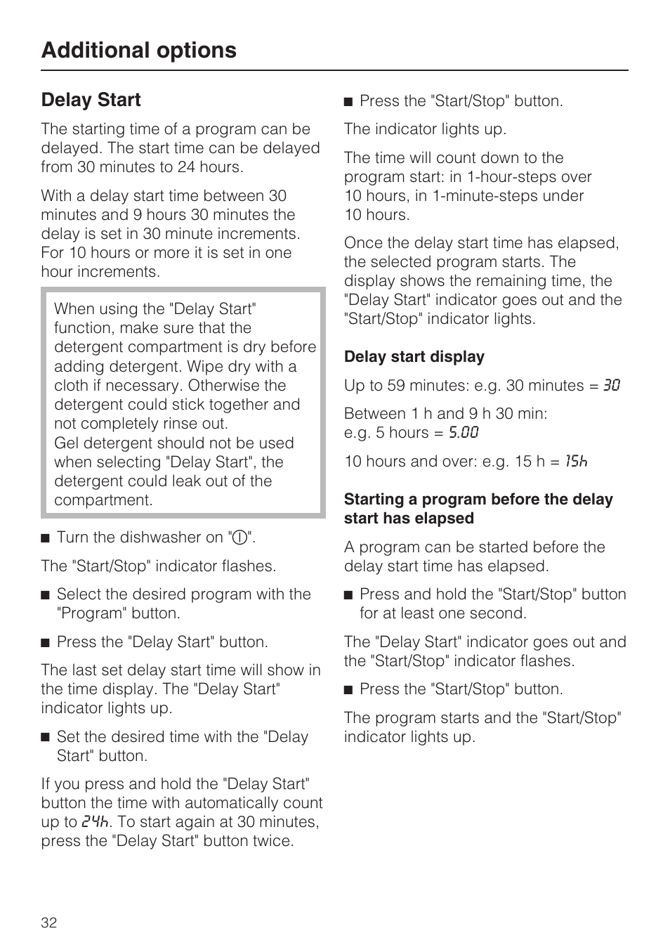 Delay start 32, Additional options, Delay start | Miele G 1202 User Manual | Page 32 / 60