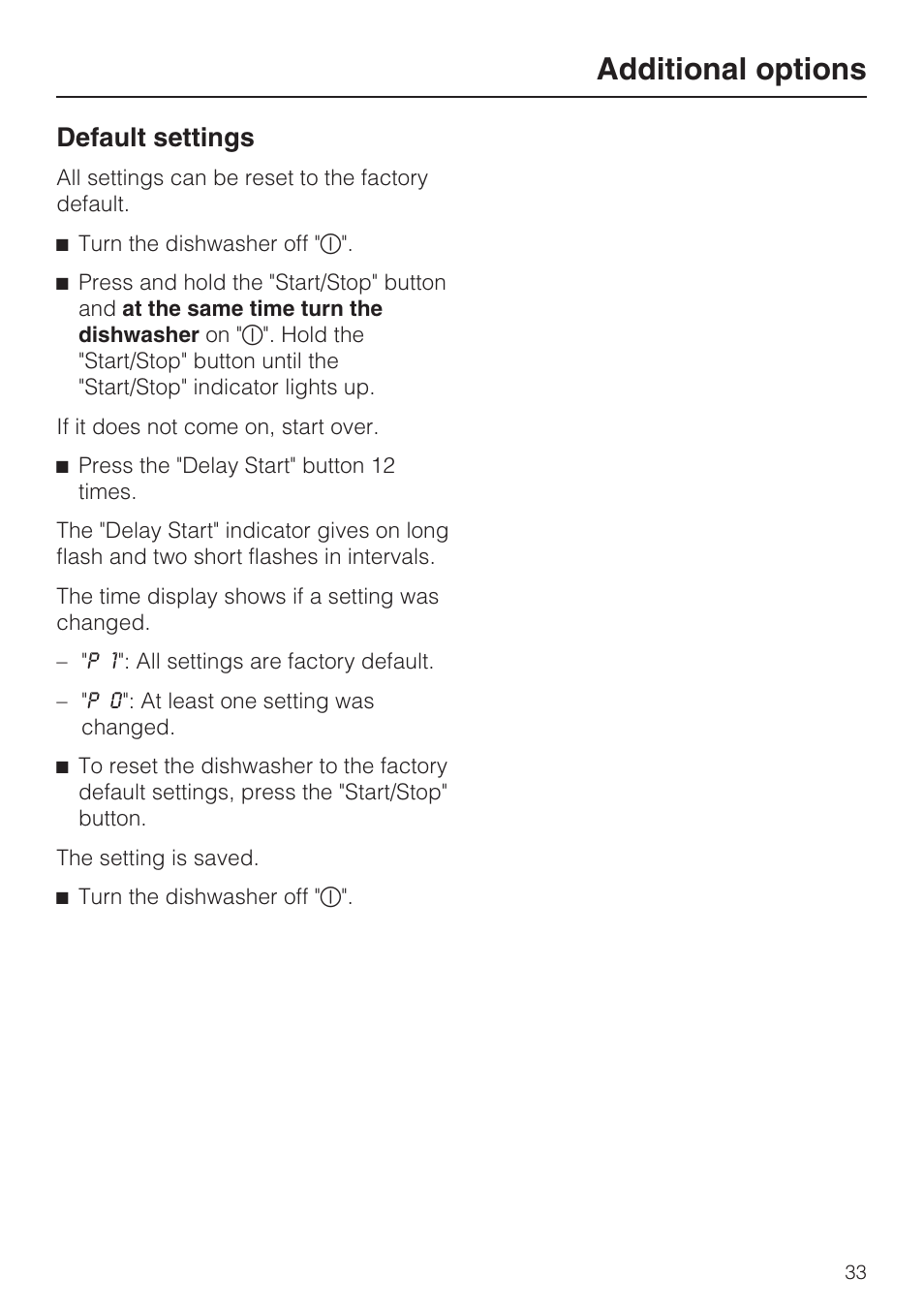 Default settings 33, Additional options, Default settings | Miele G 1202 User Manual | Page 33 / 60