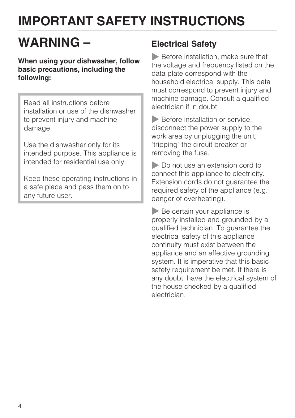 Important safety instructions 4, Warning, Important safety instructions | Miele G 1202 User Manual | Page 4 / 60