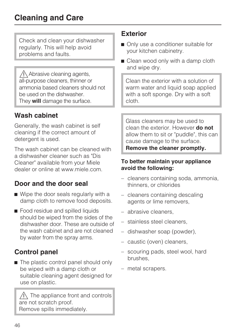 Cleaning and care 46, Cleaning and care, Wash cabinet | Door and the door seal, Control panel, Exterior | Miele G 1202 User Manual | Page 46 / 60