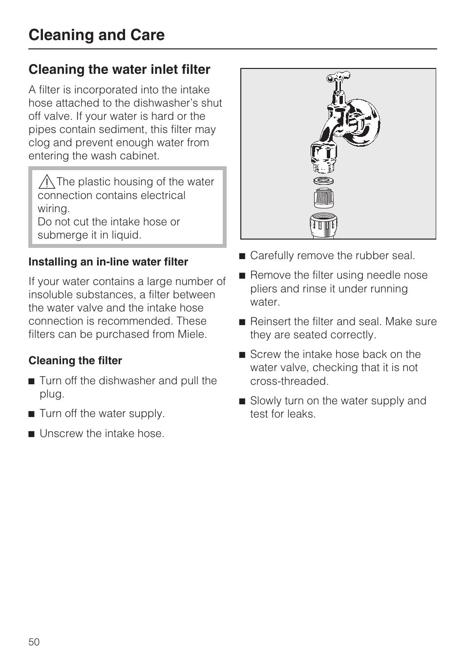 Cleaning the water inlet filter 50, Cleaning and care, Cleaning the water inlet filter | Miele G 1202 User Manual | Page 50 / 60