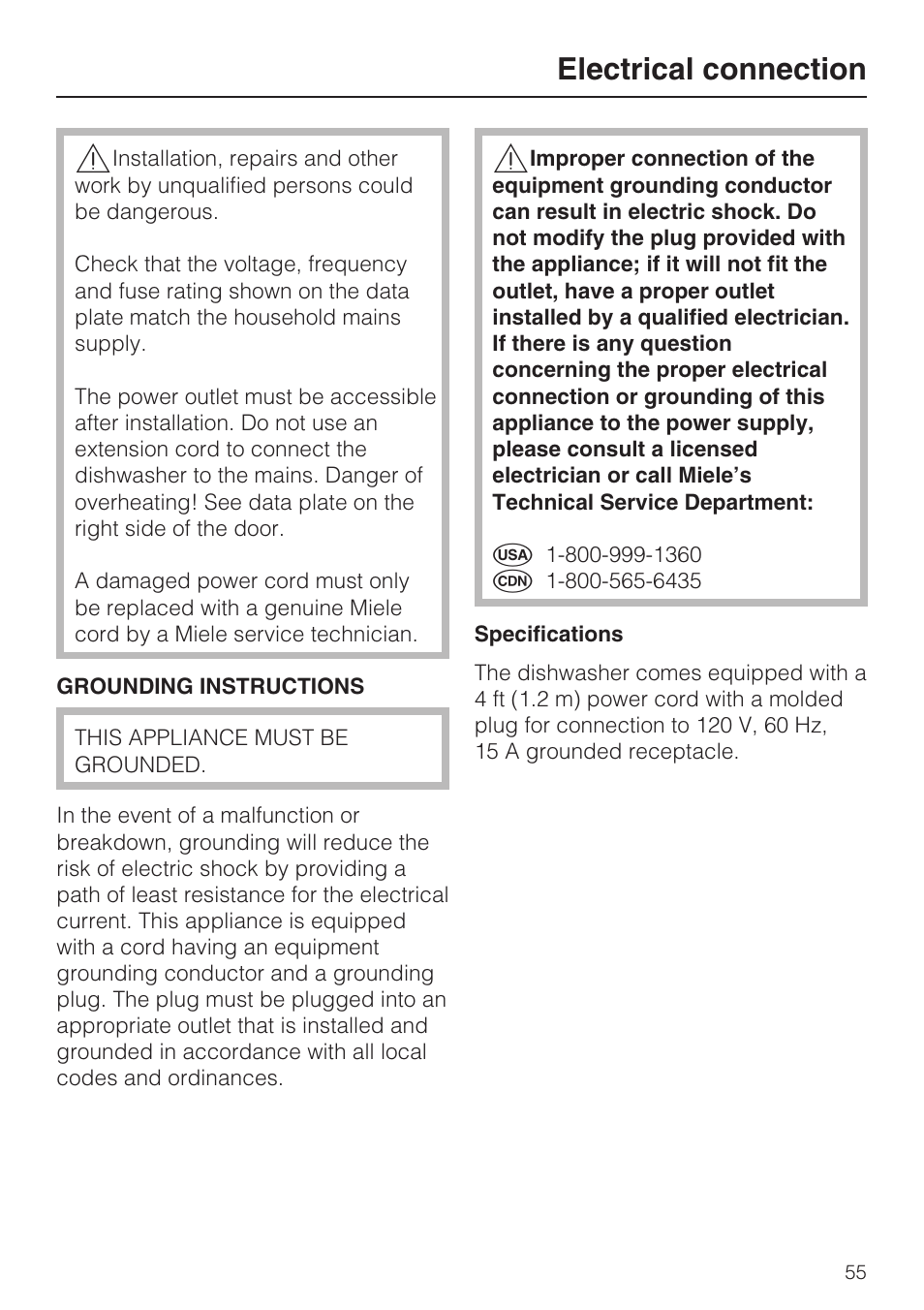 Electrical connection 55, Electrical connection | Miele G 1202 User Manual | Page 55 / 60