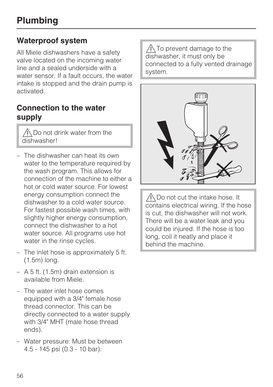 Plumbing 56, Waterproof system 56, Connection to the water supply 56 | Plumbing | Miele G 1202 User Manual | Page 56 / 60