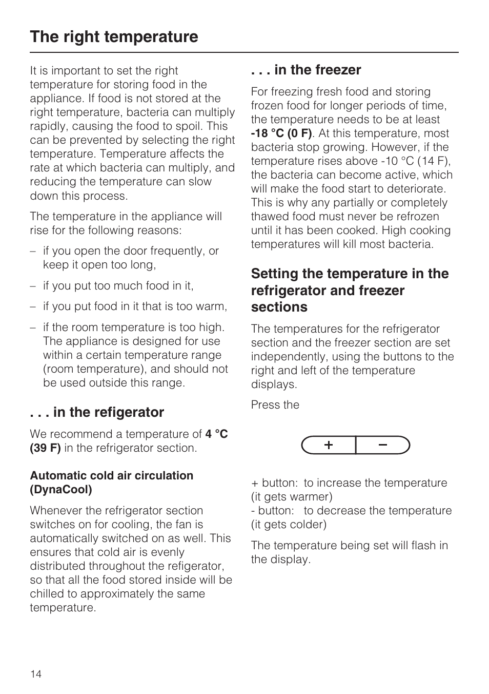 The right temperature 14, Automatic cold air circulation (dynacool) 14, The right temperature | Miele KFN 8992 SD ED User Manual | Page 14 / 48