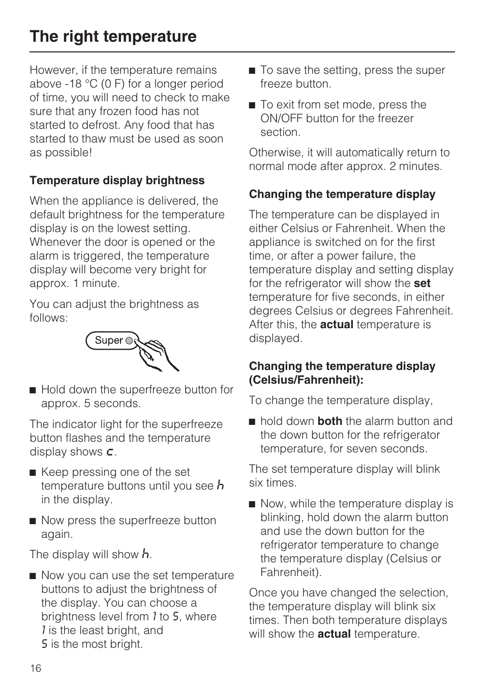 Temperature display brightness 16, Changing the temperature display 16, The right temperature | Miele KFN 8992 SD ED User Manual | Page 16 / 48