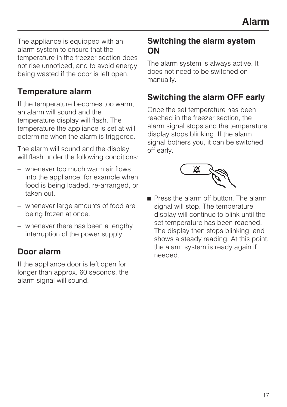 Alarm 17, Temperature alarm 17, Door alarm 17 | Switching the alarm system on 17, Switching the alarm off early 17, Alarm, Temperature alarm, Door alarm, Switching the alarm system on, Switching the alarm off early | Miele KFN 8992 SD ED User Manual | Page 17 / 48