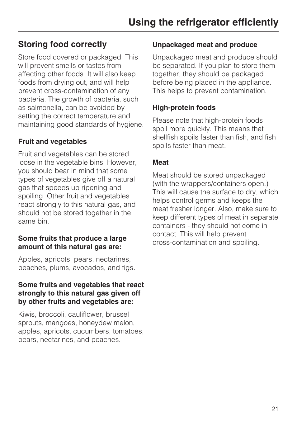 Storing food correctly 21, Fruit and vegetables 21, Unpackaged meat and produce 21 | High-protein foods 21, Meat 21, Using the refrigerator efficiently, Storing food correctly | Miele KFN 8992 SD ED User Manual | Page 21 / 48