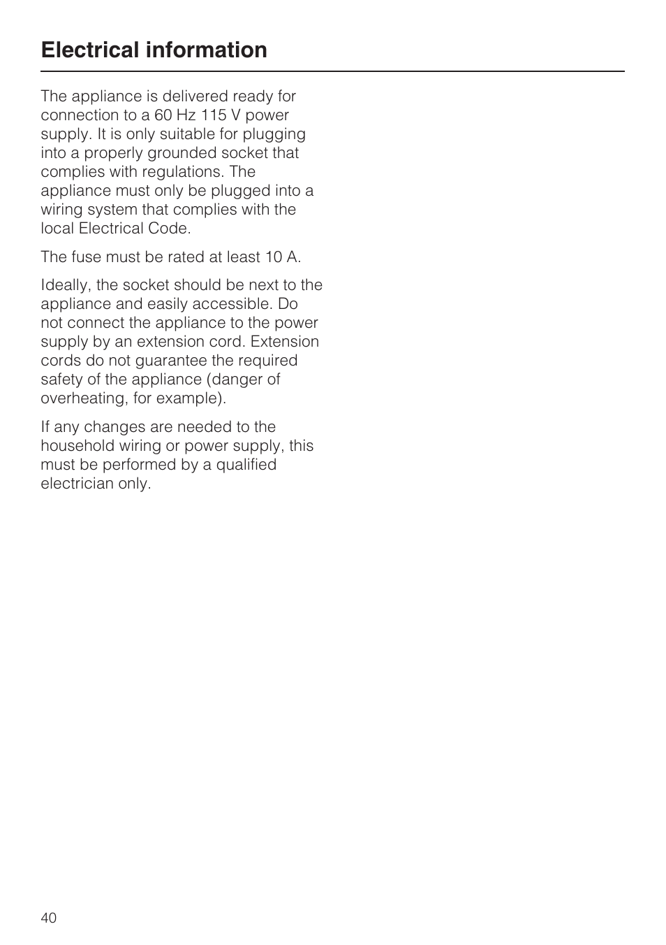 Electrical information 40, Electrical information | Miele KFN 8992 SD ED User Manual | Page 40 / 48