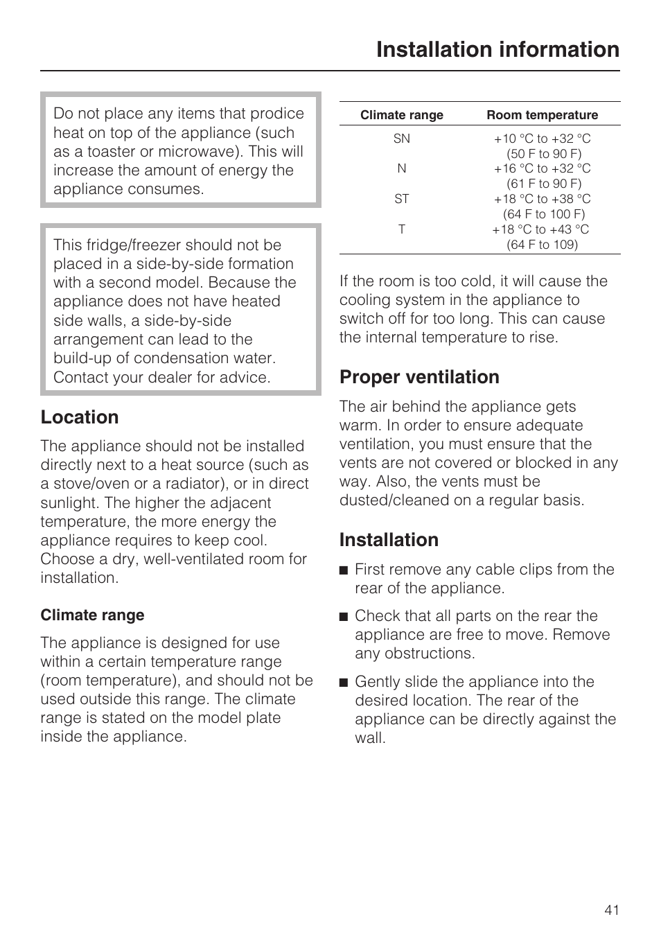 Installation information 41, Location 41, Climate range 41 | Proper ventilation 41, Installation 41, Installation information, Location, Proper ventilation, Installation | Miele KFN 8992 SD ED User Manual | Page 41 / 48