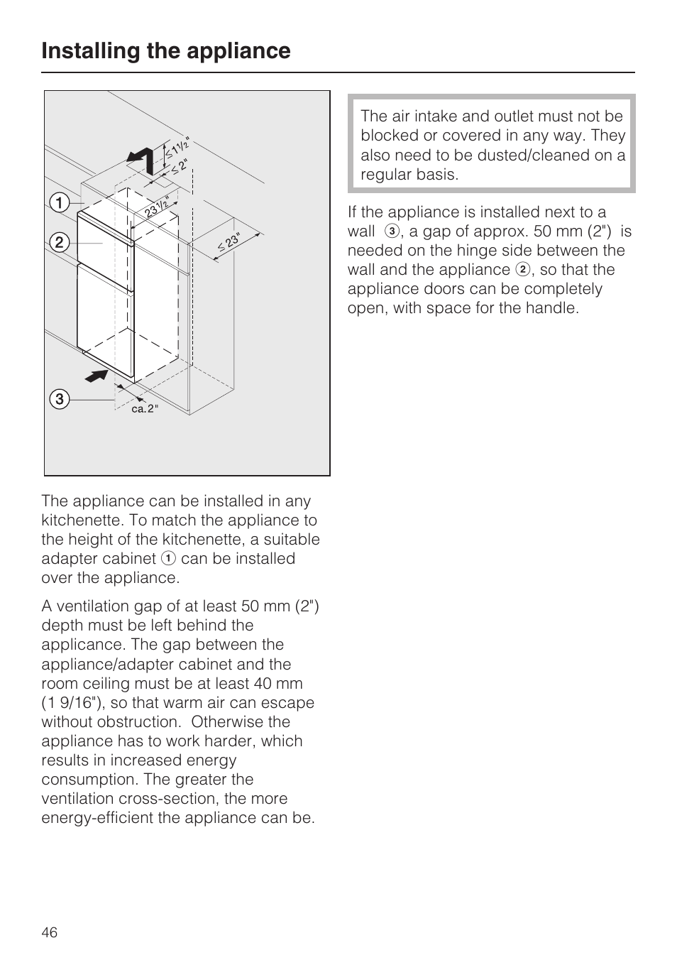 Installing the appliance 46, Installing the appliance | Miele KFN 8992 SD ED User Manual | Page 46 / 48