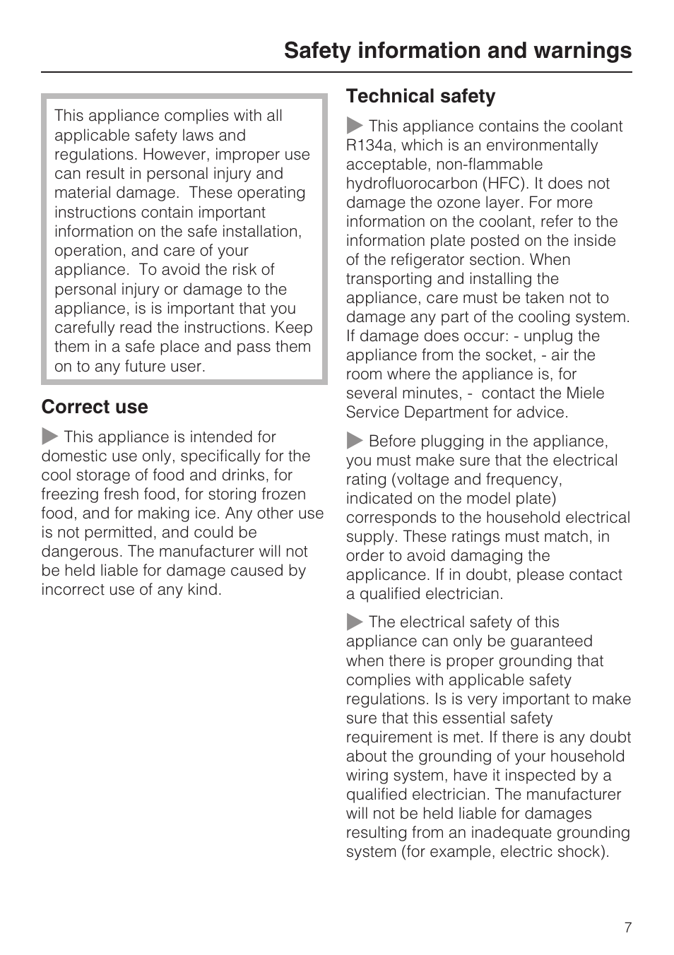 Safety information and warnings 7, Safety information and warnings | Miele KFN 8992 SD ED User Manual | Page 7 / 48