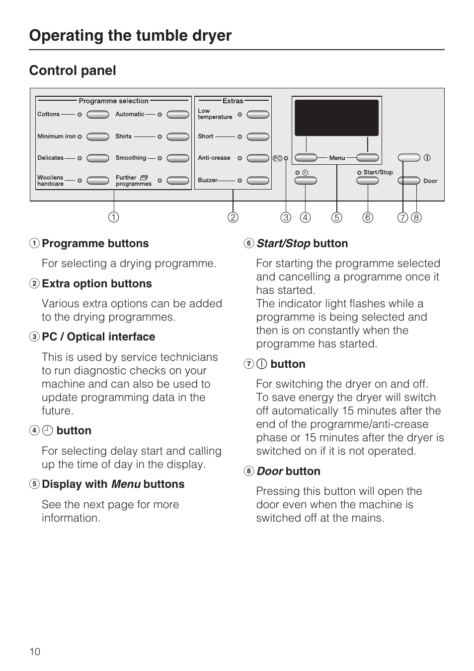 Operating the tumble dryer 10, Control panel 10, Operating the tumble dryer | Control panel | Miele T 4839 Ci User Manual | Page 10 / 60