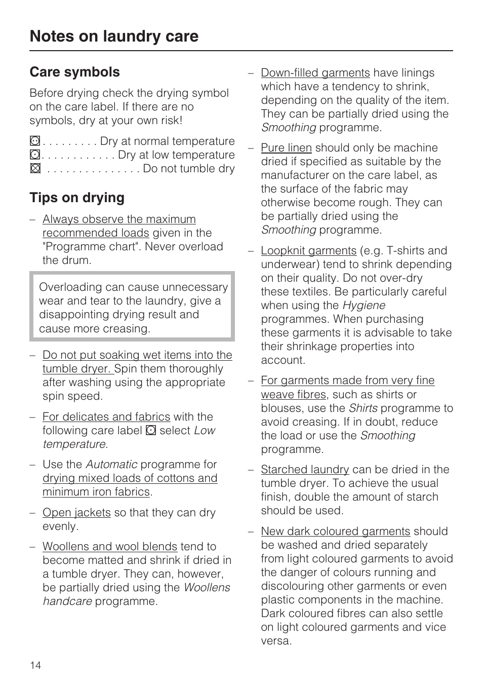 Notes on laundry care 14, Care symbols 14, Tips on drying 14 | Care symbols, Tips on drying | Miele T 4839 Ci User Manual | Page 14 / 60