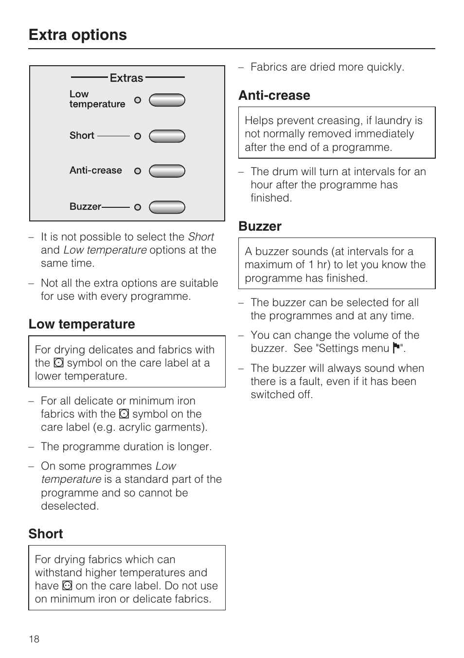 Extra options 18, Low temperature 18, Short 18 | Anti-crease 18, Buzzer 18, Extra options, Low temperature, Short, Anti-crease, Buzzer | Miele T 4839 Ci User Manual | Page 18 / 60