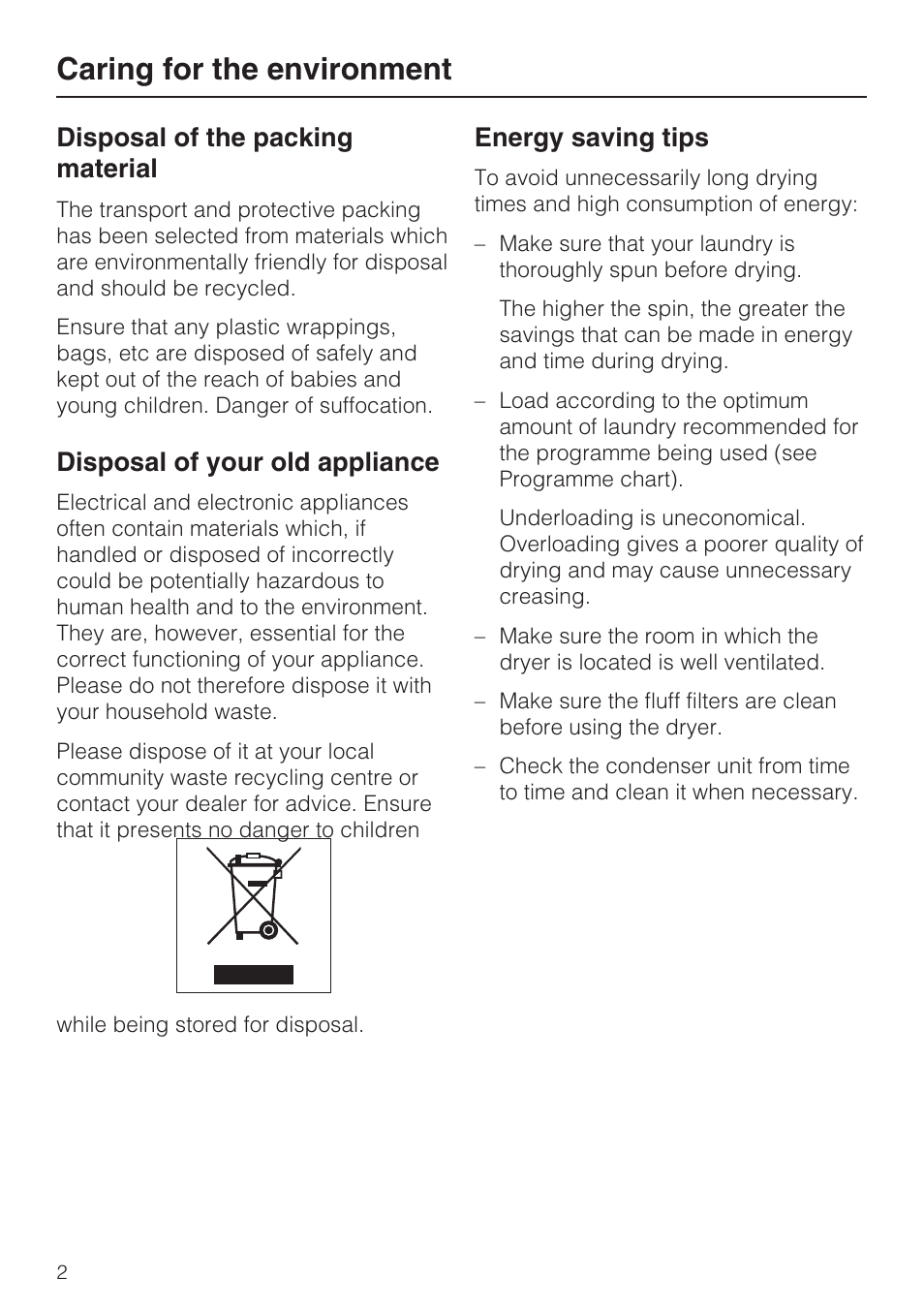 Caring for the environment 2, Caring for the environment, Disposal of the packing material | Disposal of your old appliance, Energy saving tips | Miele T 4839 Ci User Manual | Page 2 / 60