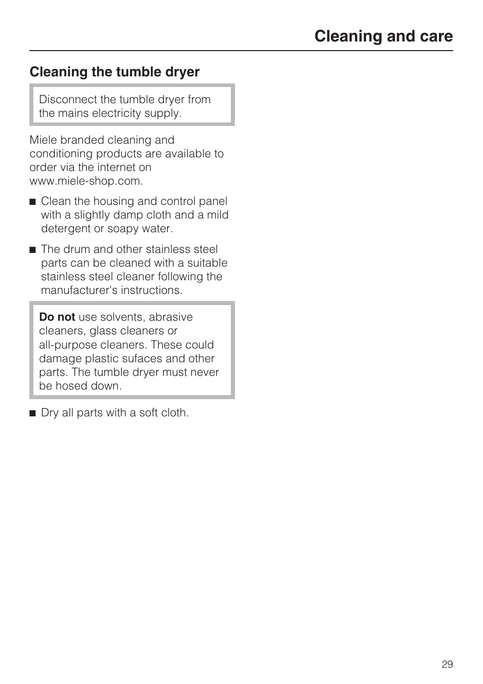 Cleaning the tumble dryer 29, Cleaning and care, Cleaning the tumble dryer | Miele T 4839 Ci User Manual | Page 29 / 60