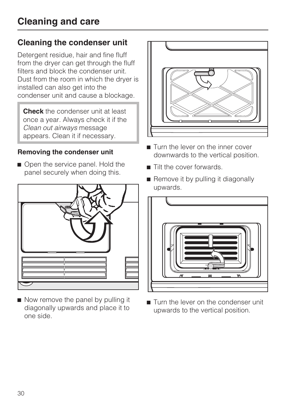 Cleaning the condenser unit 30, Removing the condenser unit 30, Cleaning and care | Cleaning the condenser unit | Miele T 4839 Ci User Manual | Page 30 / 60