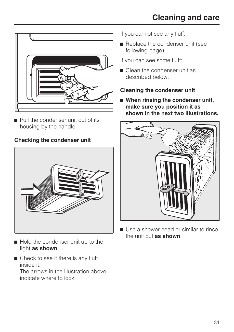 Checking the condenser unit 31, Cleaning the condenser unit 31, Cleaning and care | Miele T 4839 Ci User Manual | Page 31 / 60